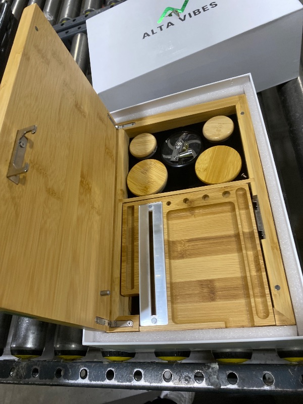 Photo 1 of ALTA VIBES Large Bamboo Storage Box - With Lock, Smell Proof Jars, Tray - Grinder, Decorative Wooden Organizer, 4 Smell Proof Glass Jars & Accessories (Green)