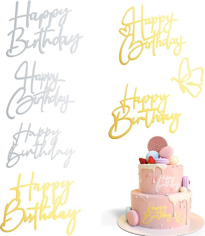 Photo 1 of Gold Silver Happy Birthday Cake Toppers Acrylic Cake Topper Happy Birthday sign for Cake Decorations Cupcake Toppers Cake Tools Supplies Kit DIY Cake Decor Birthday Party Supplies