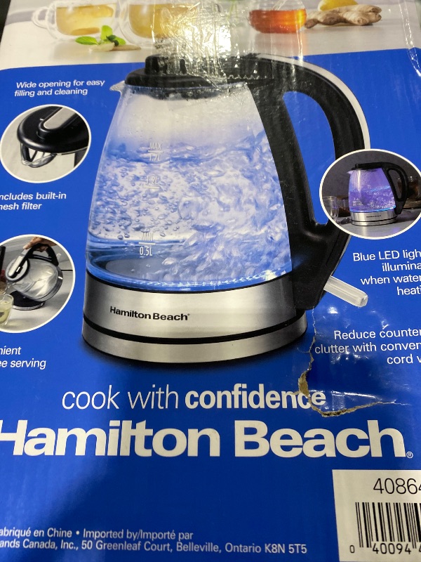 Photo 1 of Hamilton Beach 1.7L Electric Kettle, Water Boiler & Heater, LED Indicator, Built-In Mesh Filter, Auto-Shutoff & Boil-Dry Protection, Cordless Serving, Clear Glass (40864)