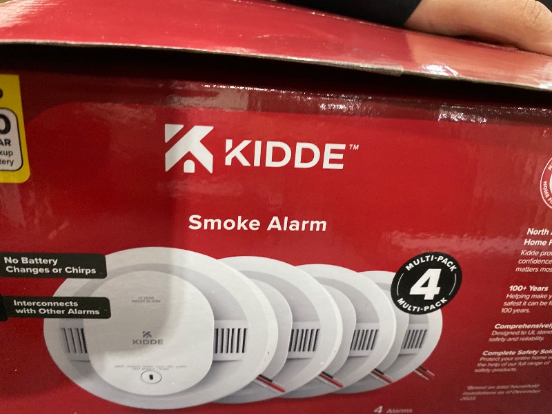 Photo 1 of Kidde Hardwired Smoke Detector, 10-Year Battery Backup, Interconnectable, LED Warning Light Indicators, 4 Pack