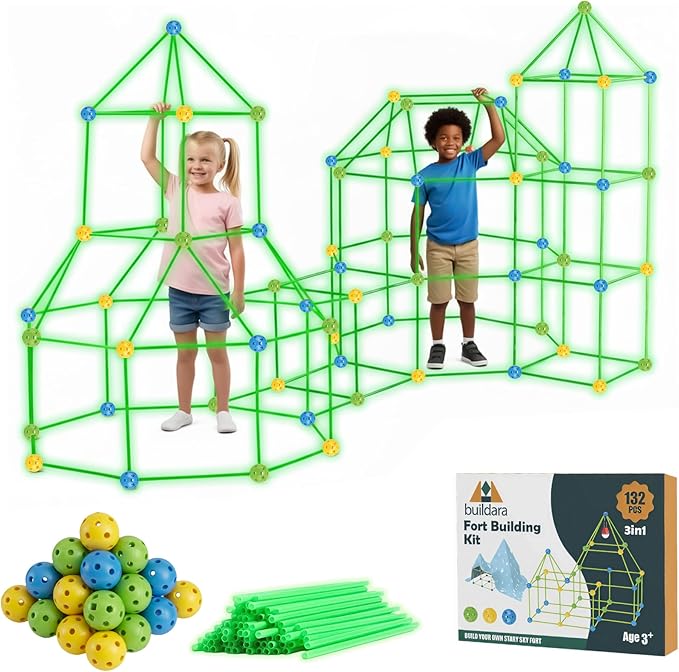 Photo 1 of Fort Building Kit for Kids -132 PCS- Glow-in-The-Dark STEM Tent for Kids with Starry Sheet & Light - Indoor and Outdoor Building Toy for Boys & Girls - Creative Play, Teamwork & Educational Fun Gift
