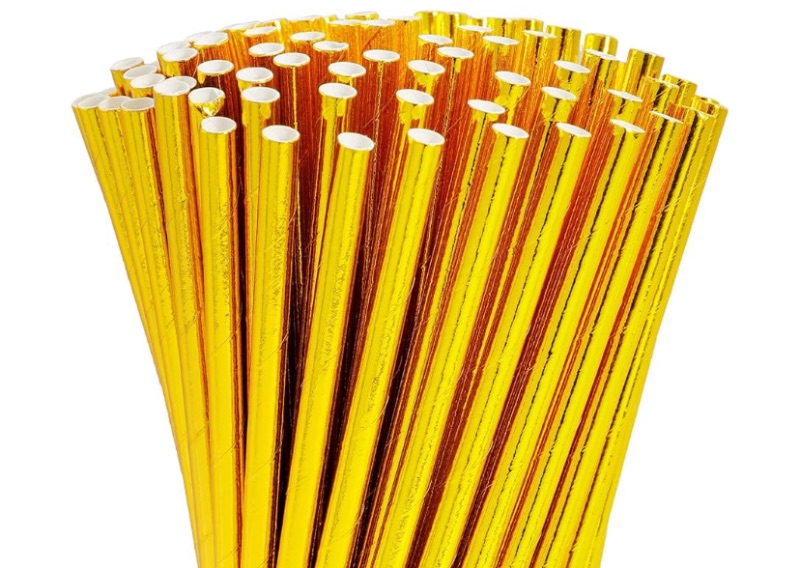 Photo 1 of 100 Pack Gold Paper Straws - Biodegradable, Disposable Straws for Birthday, Bridal, Baby Shower & Wedding Party Supplies