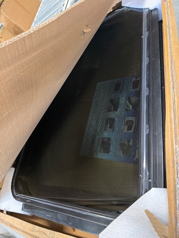 Photo 1 of ***BROKEN LATCHES*** Dulepax RV Exit Window, 30'W x 22' H, Black Tinted Tempered Glass, RV Emergency Exit with Net Screen & Trim Ring