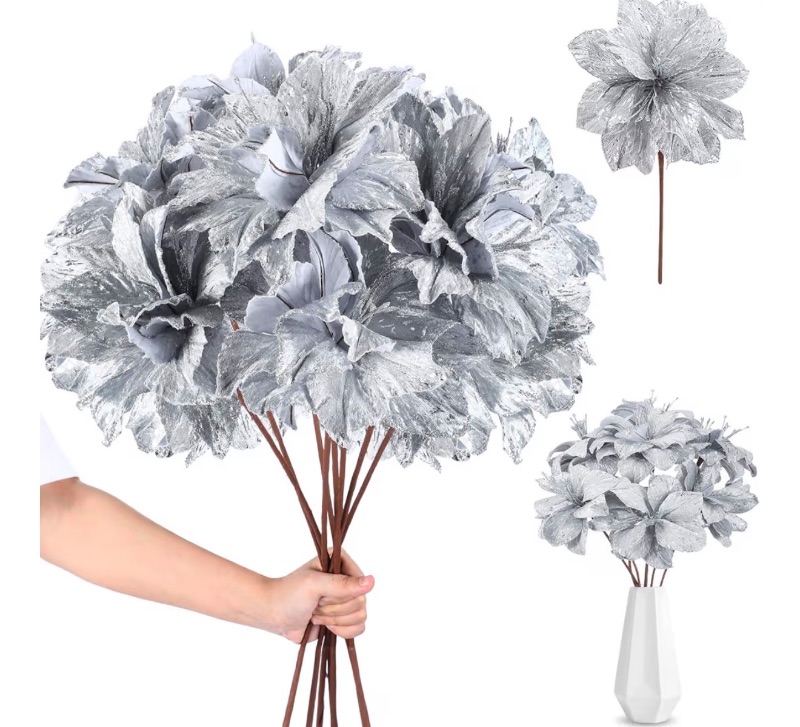 Photo 1 of ** SIMILAR IMAGE**Daifunli 9 Pcs Silver Christmas Poinsettia Artificial Flowers 24'' Large 3 Heads Flowers Magnolia Stem Faux Poinsettia Flowers Ornaments for Christmas Tree Vase Table Centerpiece Decor