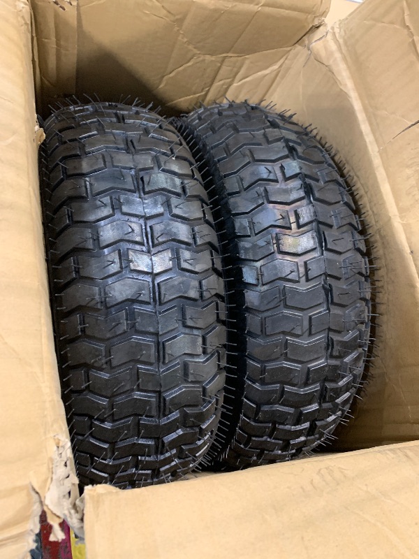 Photo 1 of (2-Pack) 16x6.50-8 Tubeless Tires on Rim - Universal Lawn Mower and Garden Tractor Trailer Wheels - With Chevron Turf Treads - 3" Offset Hub, 3/4" and 5/8" Bearings - 4 Ply with 615 lbs Load Capacity