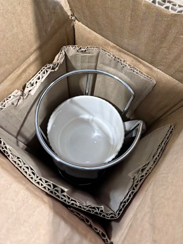Photo 1 of ****ONLY 3 MUGS*****HASENSE 15 oz Ribbed Stackable Ceramic Coffee Mug Set of 4, White & Light Brown Cups with Metal Holder, Dishwasher & Microwave Safe for Cappuccino Tea Hot Cocoa, Wedding Housewarming Gifts