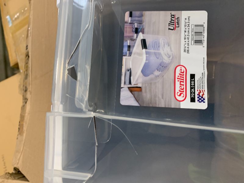 Photo 1 of ***JUST ONE BIN, MAJOR DAMAGE*** Sterilite 1 Pack Ultra Latching Box, Storage Bins with Lids, Clear Plastic, 70 Quart - Heavy-Duty Organizing Containers for Closet, Bathroom, and Office