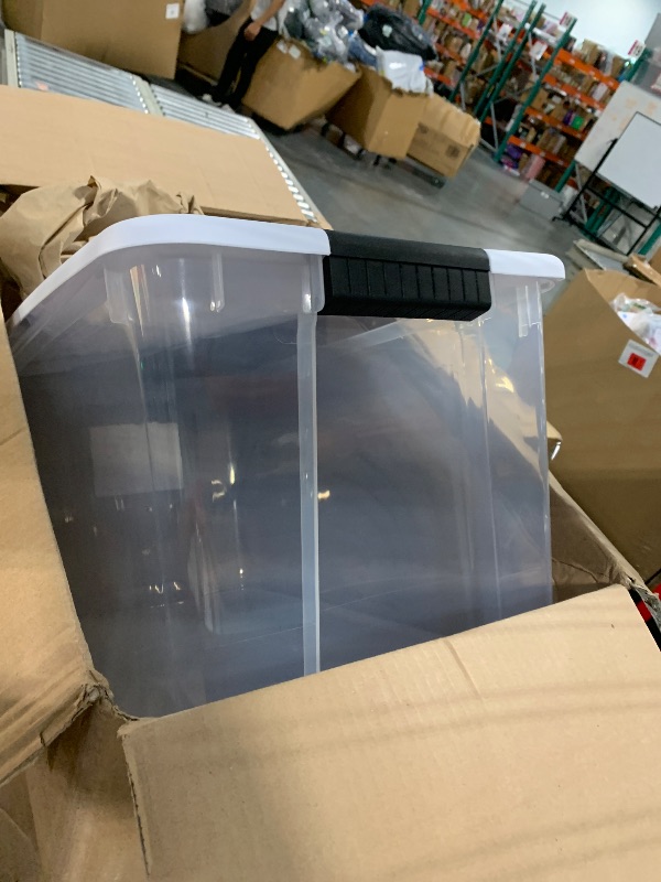 Photo 1 of ***JUST ONE BIN, MAJOR DAMAGE*** Sterilite 1 Pack Ultra Latching Box, Storage Bins with Lids, Clear Plastic, 70 Quart - Heavy-Duty Organizing Containers for Closet, Bathroom, and Office