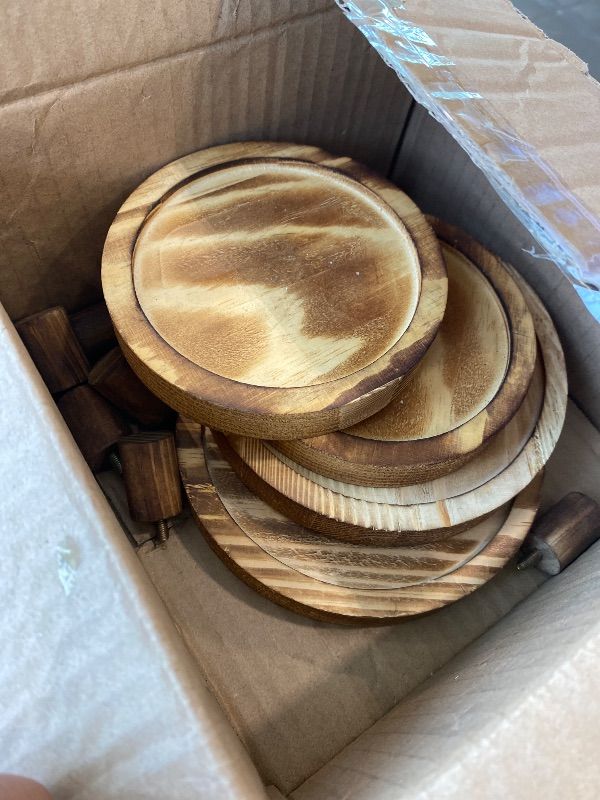 Photo 1 of **UNTESTED**
HAOPENGYOU 6PCS Wooden Risers for Display Wood Cake Stand for Party Round Food Risers for Buffet Wooden Holder Rustic Riser for Decor Tiered Tray Decor Home Kitchen (Light Brown, 6 PCS (8”, 6”, 5”))