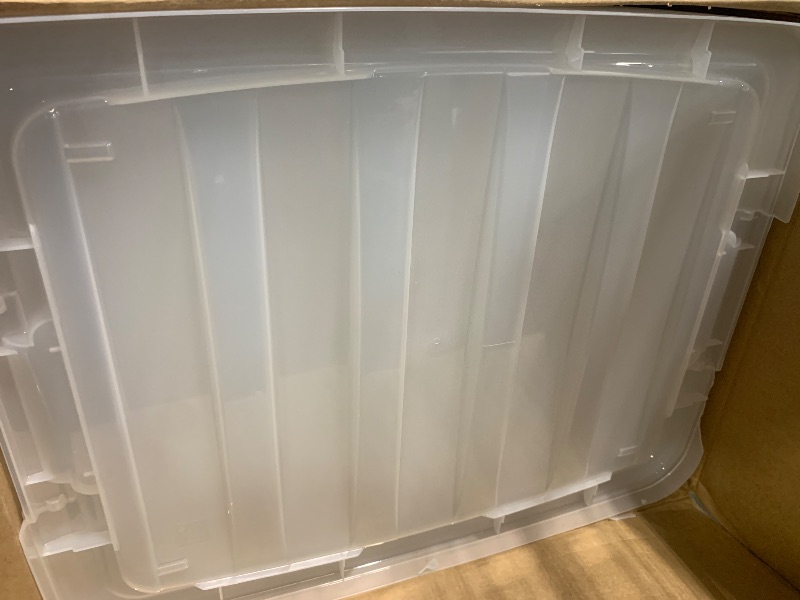 Photo 1 of ***lid Damaged****IRIS USA 40 QT Plastic Storage Box with Lid and Latches - 6 Pack - BPA-Free, See-Through Organizing Solution, Durable Nestable Stackable Containers, Secure Pull Handle - Clear