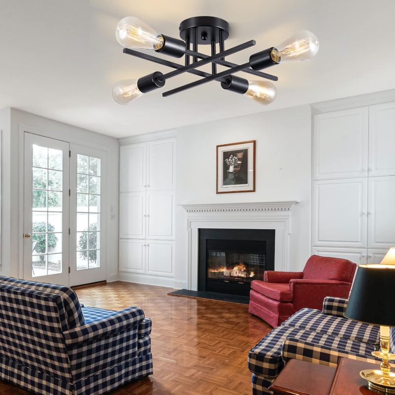 Photo 1 of **RETAIL: $30.85**
Sputnik Chandeliers, Modern Semi Flush Mount Ceiling Light with E26 Base, Mid Century Industrial Kitchen Farmhouse Light Fixtures for Bedroom Living Room (Black, Ceiling 4 Lights)