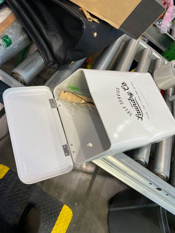 Photo 1 of ***MINOR DENT*** MONJITA Magnetic Lint Bin for Laundry Room, Metal Trash Can with Lid for Dryer, Farmhouse Lint Holder, Laundry Co Sign, Laundry Room Storage Decor with Dryer Lint Brush(White)