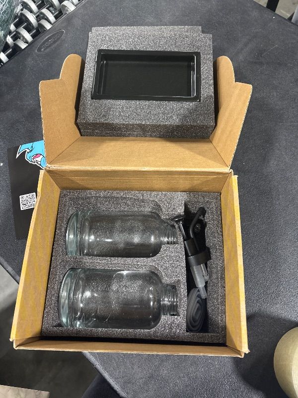 Photo 1 of *MINOR DAMAGE - USED*
Molimoli Coffee Syrup Dispenser - Glass Bottle with Pump, Maple/Coffee Syrup, Labels and Tray