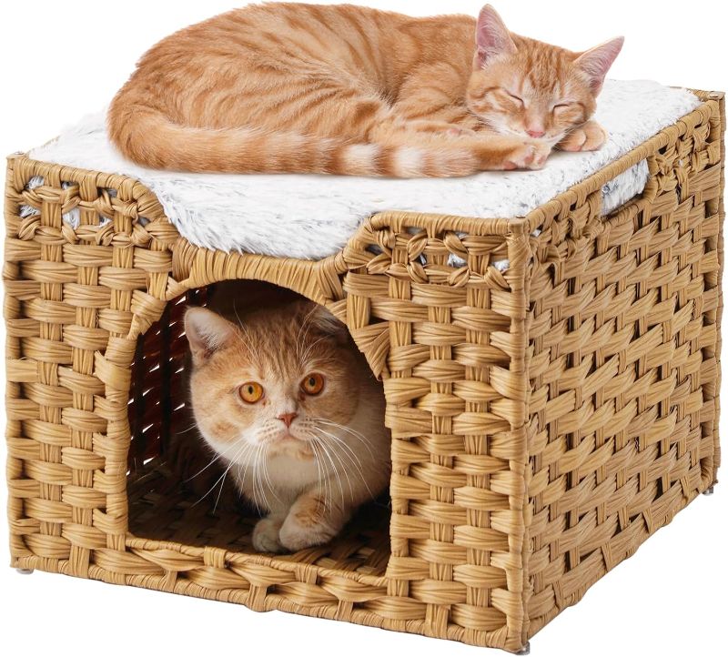 Photo 1 of **RETAIL: $45.99**
Cat Beds Indoor Kitten House, Handwoven Rattan Cat Cave Pet Cube, Large Cat Houses, One Bed Mat, Foldable, Hideaway, 16.5x16.5x13.2 Inches, 2 S-Shaped Hooks in Living Room Bedroom Natural