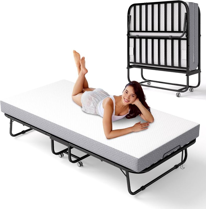 Photo 1 of ***SIMILAR***

Folding Bed with Memory Foam Mattress, Portable Rollaway Guest Beds on Wheels, 75"x38" Twin Size Space-Saving Cot-Size Bed for Adults with Easy Assembly Metal Frame (White)