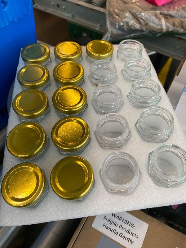 Photo 1 of ***MISSING PIECES*** Ahhute Honey Jar, Mini Honey Jars with Dipper, Glass Honey Pot Baby Shower Favors, Party Favors & Wedding Favors, Hexagon Honey Container with Lid, Bee Charms, Fabric Ribbons and Bags, 20 Pack 1.5oz