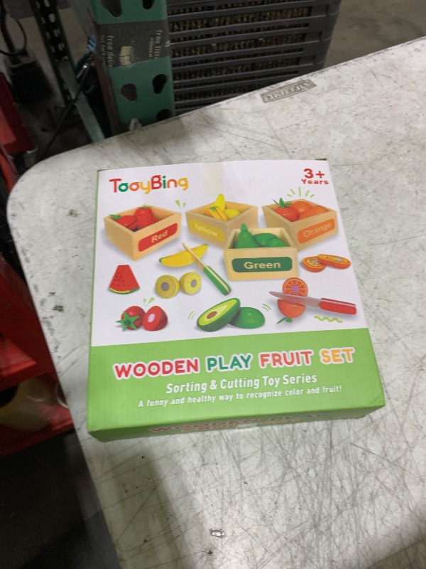 Photo 1 of TooyBing Wooden Play Food Toy Set for Kids Kitchen - 30 Pcs Montessori Cutting & Color Sorting Fake Fruit Accessories with 4 Boxes, Play Toys for Toddlers 3, Birthday Gifts for Boys Girls