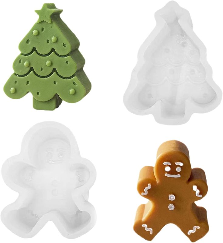 Photo 1 of 2-Pack Silicone Molds 3D Candle Molds, Christmas Tree + Gingerbread Man Mold,Christmas Fondant Mold for Candle Making and Baking Making Soap Wax Cake Mousse Ice Cream