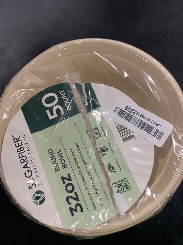 Photo 1 of [50 COUNT]Harvest Pack PFAS FREE 32oz Round Paper Bowls, Compostable Heavy-Duty Eco-Friendly Disposable Bagasse Large Soup Bowls, sugarcane made for Meal Prep Takeout Dinnerware, Microwave Safe