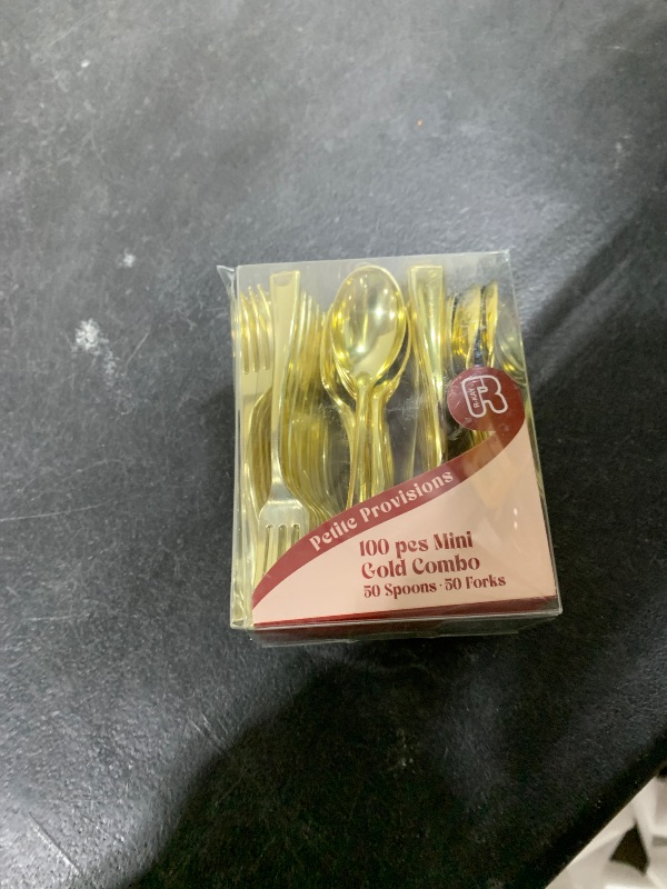 Photo 1 of 100 Combo Pack 50 Gold Mini Forks And 50 Gold Mini Spoons 4 Inch Dessert Forks And Spoons - Heavy duty Mini Cutlery, Tastings, Cocktails, Dessert Cups.
