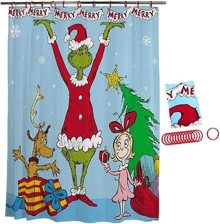 Photo 1 of **SIMILAR IMAGE***LIN&BABAY 4Pcs Christmas Shower Curtain Set, Christmas Bathroom Sets with Non-Slip Rugs, Toilet Lid Cover and Bath Mat, Christmas Holiday Bathroom Decor with Hooks 71'' x 71'' (Green)