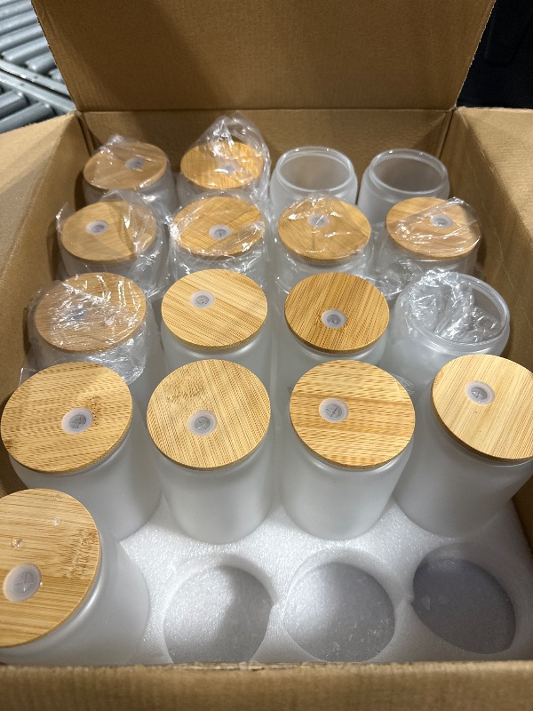 Photo 1 of *** MISSING 3 GLASSES AND LIDS**WHEATHUSK 20 Pack Sublimation Glass Cups Frosted 16oz Blanks Sublimation Borosilicate Glasses Tumbler with Bamboo Lids and Straws for Beer, Juice, Soda, Iced Coffee, Drinks