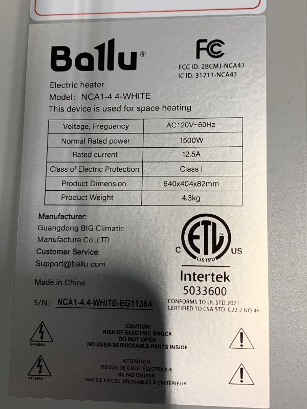 Photo 1 of *** WITHOUT SUPPORT BASE*** Ballu Convection Panel Space Heater for Large Room,1500W Electric Heater with Programmable Thermostat,WiFi App Control,Standing or Wall Mount,Smart Quiet Heater for Indoor Use,Works with Alexa,White