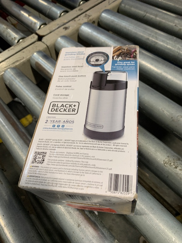 Photo 1 of ***MISSING LID*** BLACK+DECKER One Touch Coffee Grinder, 2/3 Cup Coffee Bean Capacity, Spice Grinder, One Touch Push-Button Control -150 Watts -Stainless Steel Blades