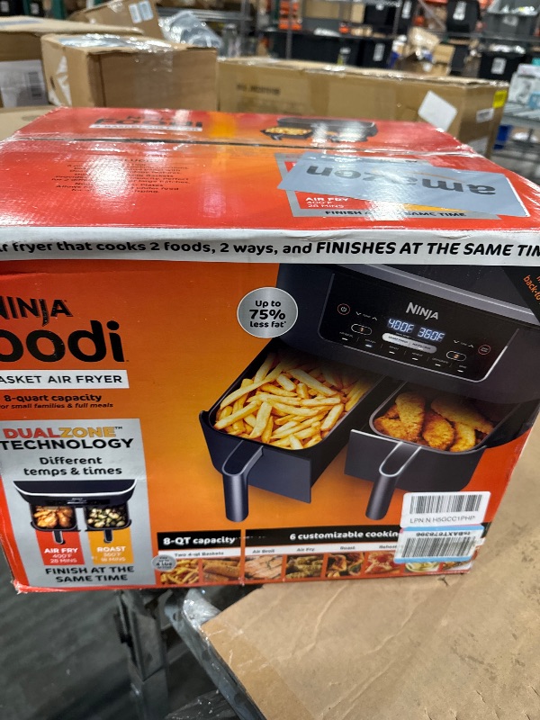 View 2 of *MINOR DAMAGE - USED*
Ninja DZ201 Foodi 8 Quart 6-in-1 DualZone 2-Basket Air Fryer with 2 Independent Frying Baskets, Match Cook & Smart Finish to Roast, Broil, Dehydrate & More for Quick, Easy Meals, Grey