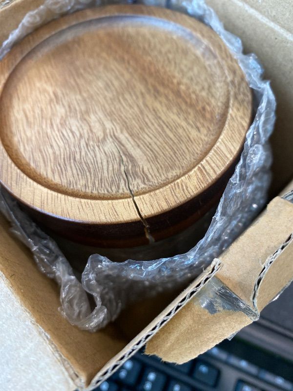 Photo 1 of *MINOR DAMAGE - USED*
MOLADRI 13.5 fl oz/400 ml Glass Jar with Airtight Wooden Screw Top Lid, Clear Stackable Food Storage Canister, Small Cute Decorative Glass Container for Coffee, Candy, Cookie, Sugar, Oatmeal, Salt