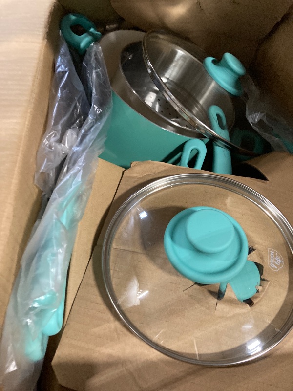 Photo 1 of **PARTS ONLY** GreenLife Soft Grip 16 Piece Cookware Set, Non-Toxic PFAS-Free Ceramic Nonstick, Pots, Frying, Sauce, Saute, Glass Lids, Stay-Cool Handles, Wobble Free Bases, Dishwasher & Oven Safe, Turquoise