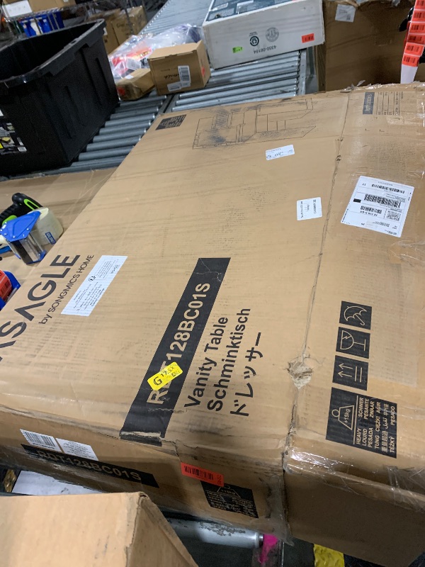 Photo 1 of VASAGLE Vanity Desk with Mirror and Lights, 35.4-Inch Wide Makeup Vanity with Upholstered Vanity Stool, Power Outlets, Dimmable LED Lights, Storage Drawer, for Bedroom, Cloud White URDT128W01