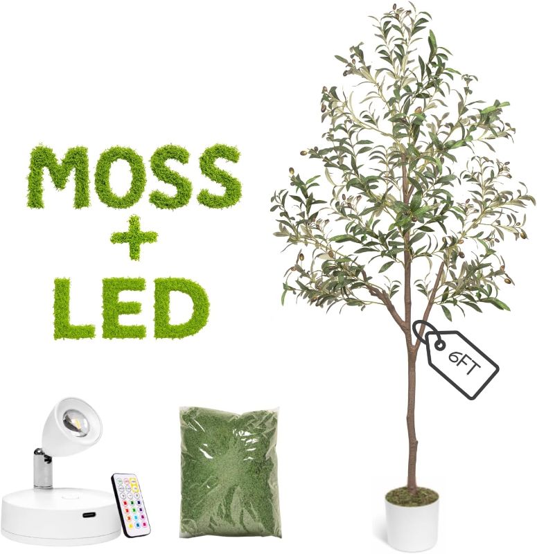 Photo 1 of *** NO MOSS OR LED**
Olive Trees Artificial Indoor 6FT Tree with Rechargeable LED Spotlight, Decorative Moss & Weighted Pot – Tall Realistic Olive Plant for Home, Office, or Event Décor (6FT)
