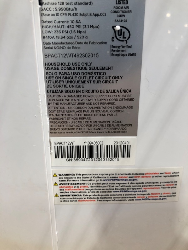Photo 1 of ** DIRTY AND CRACKED ON TOP *** BLACK+DECKER Smart Portable Air Conditioner, 12,000 BTU for Rooms up to 550 Sq. Ft., Smart Portable AC with Follow Me Remote and Window Kit, BPACT12WT, White