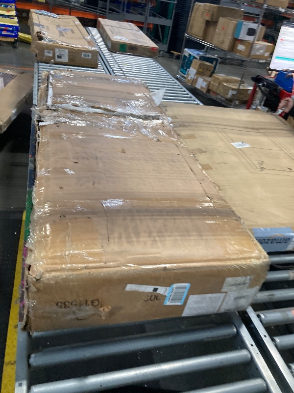 Photo 1 of ** BROKEN  TOP PIECE *** Farmhouse L Shaped Executive Desk with 4 Drawers, Home Office Desk with Hidden Under-Desk Storage Shelf and Charging Station, File Cabinet Storage, Wood Corner Computer Desk for Work(White+Brown)