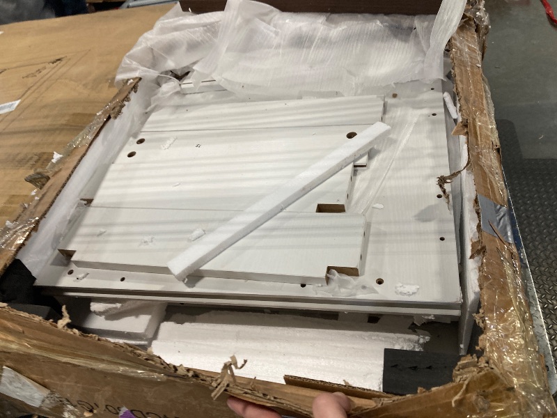 Photo 1 of ** BROKEN  TOP PIECE *** Farmhouse L Shaped Executive Desk with 4 Drawers, Home Office Desk with Hidden Under-Desk Storage Shelf and Charging Station, File Cabinet Storage, Wood Corner Computer Desk for Work(White+Brown)