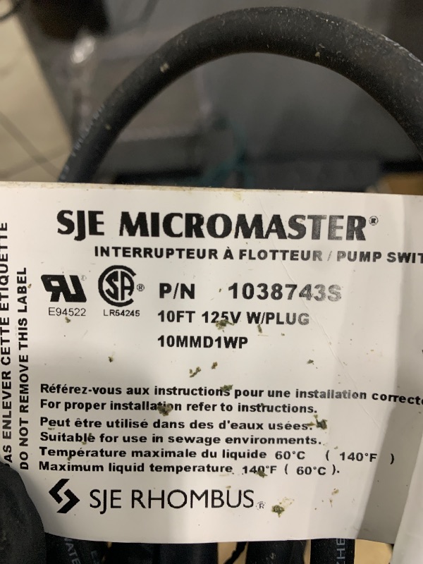 Photo 1 of ***SEE NOTES***Superior Pump 92570 1/2 HP Thermoplastic Submersible Sump Pump with Tethered Float Switch