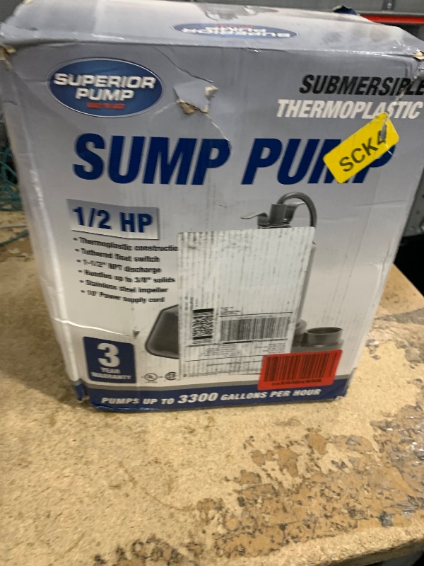 Photo 1 of ***SEE NOTES***Superior Pump 92570 1/2 HP Thermoplastic Submersible Sump Pump with Tethered Float Switch