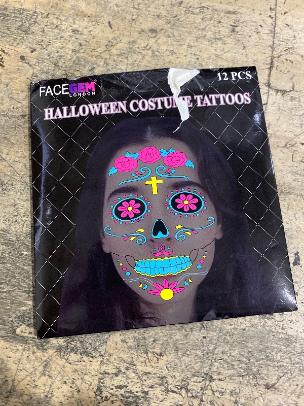 Photo 1 of 12 PCS Day of the Dead Costume Tattoos for Halloween - Temporary Sugar Skull Face Stickers for Makeup, Masquerade, Parties. Halloween tattoos, Face & Body Tattoos for Events. Day of the Dead Tattoos