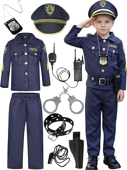 Photo 1 of (UNKNOWN IF FOSR KIDS OR ADULT'S ACCESSORIES DIFFER STOCK PHOTO FOR ITEM REFERENCE) Police Officer Costume Set for Boys Cop Uniform Costume for Halloween Cosplay Party (BLUE)