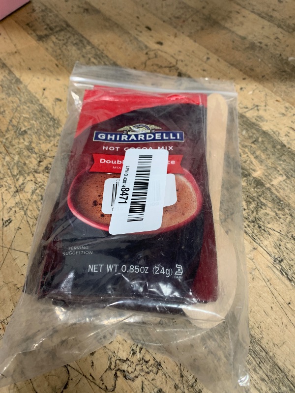 Photo 1 of **EXP:6/30/26** Concession Essentials Ghirardelli Double Chocolate Hot Cocoa Mix Packets, 5 Pack with Printed Wooden Spoons