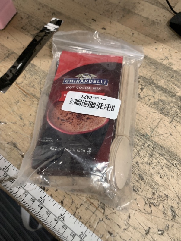 Photo 1 of **EXP:6/30/26** Concession Essentials Ghirardelli Double Chocolate Hot Cocoa Mix Packets, 5 Pack with Printed Wooden Spoons