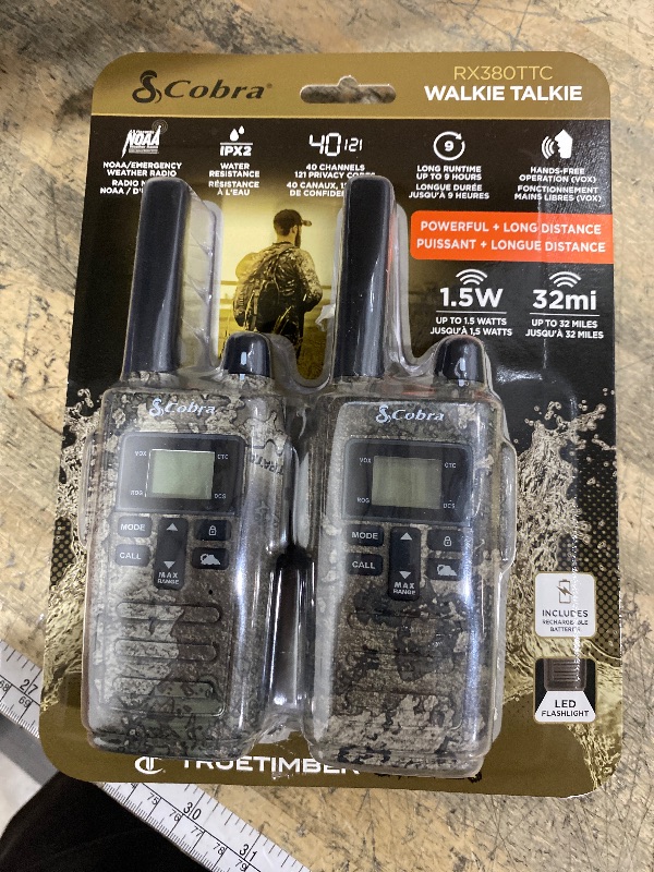 Photo 1 of ****FOR PARTS/POWERS ON BUT DOESN'T WORK CAN'T HEAR*** Cobra RX380 Walkie Talkies (2-Pack) – Weather Resistant Two Way Radios Long Range, 40 Pre-Programmed Channels, Weather Alerts, LED Flashlight, Long-Life NiMH Batteries (TrueTimber Strata Camo)