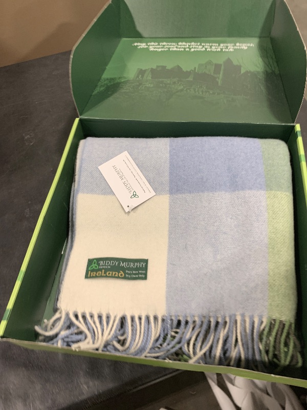 Photo 1 of Biddy Murphy 100% Irish Wool Plaid Throw Blanket — Soft Warm Heirloom Quality, Made in Ireland, 54" x 71", Cream Baby Blue and Green Block Check