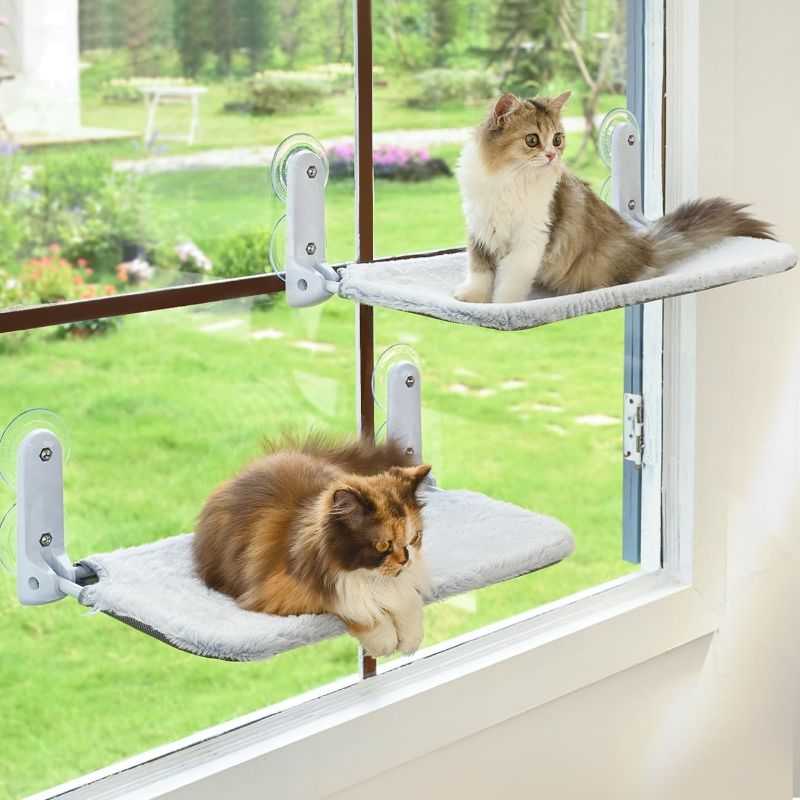 Photo 1 of 2PC Cat Window Perch Cordless Foldable Cat Hammock Bed for Window with Metal Frame and Reversible Cover, Large Suction Cups Window Resting Seat for Indoor Cats (Cat Bed, M-2PC)
