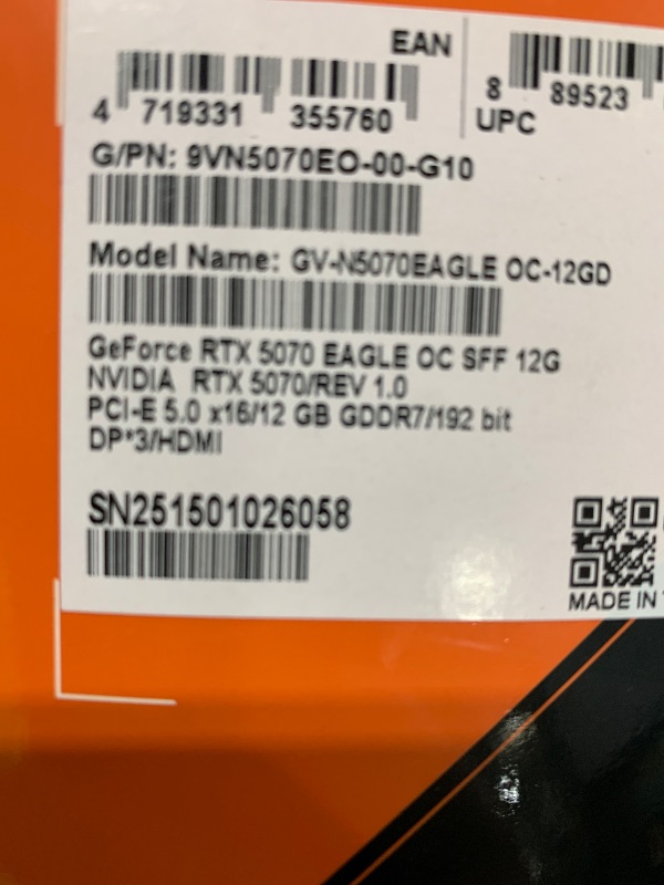 Photo 1 of GIGABYTE GeForce RTX 5070 Eagle OC SFF 12G Graphics Card, 12GB 192-bit GDDR7, PCIe 5.0, WINDFORCE Cooling System, GV-N5070EAGLE OC-12GD Video Card