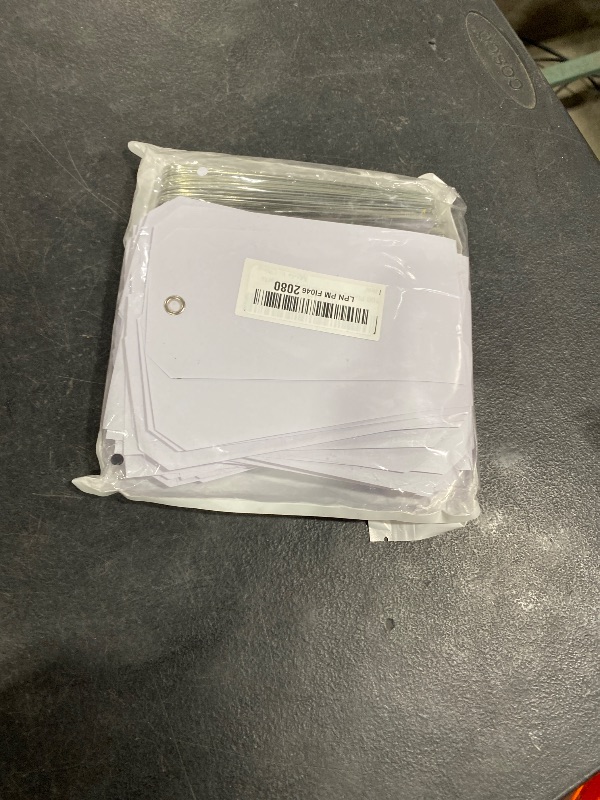 Photo 1 of 100 Large White Plastic Shipping Tags - 3x6 inch, Heavy Duty, Waterproof, Writable Wire Tags with String Attached for Luggage, Garage, Inventory, Car Parts
