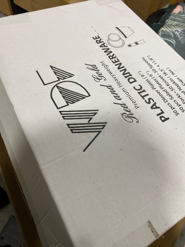 Photo 1 of WDF Partyware 350Pieces Red Plastic Plates with Gold Rim Include 50Dinner Plate 10”, 50Dessert Plate 7”, 50 gold Cups 9 OZ, 50 Pre Rolled Napkins for Party Valentine's Day