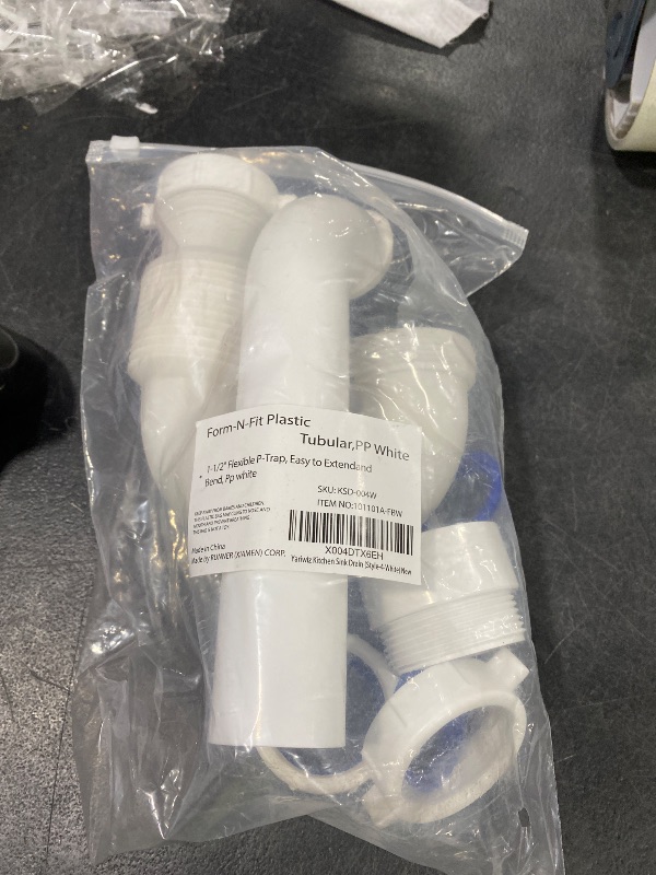 Photo 1 of (1 Pack) Yariwiz White P Trap 1 1/2 Inch for Bathroom Kitchen Sink Drain Pipe Tubular Kit with Adjustable J-bend, White Threaded Adapter and Blue TPE Washer KSD-004W