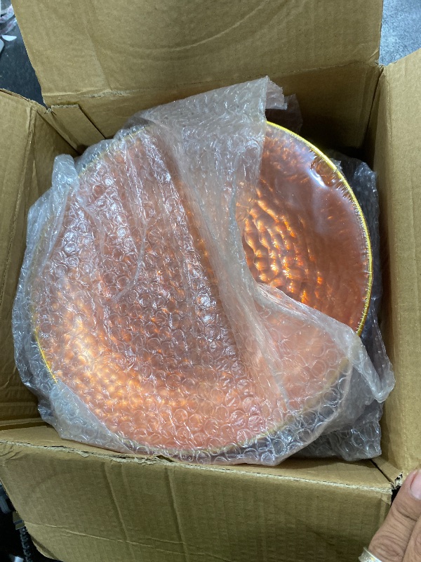 Photo 1 of Rubtlamp 100Pcs Thanksgiving Plastic Dinner Plates, 10 Inch Disposable Orange Dinner Plates, Heavy Duty Plates with Gold Rim, Hammered Disposable Plastic Party Plates For Event Party